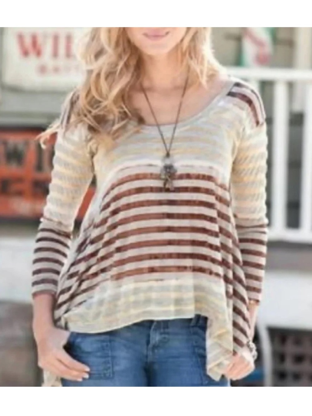 Sundance Mystic Tunic Top Size Medium Burnout Boho Beach Brown Striped Western